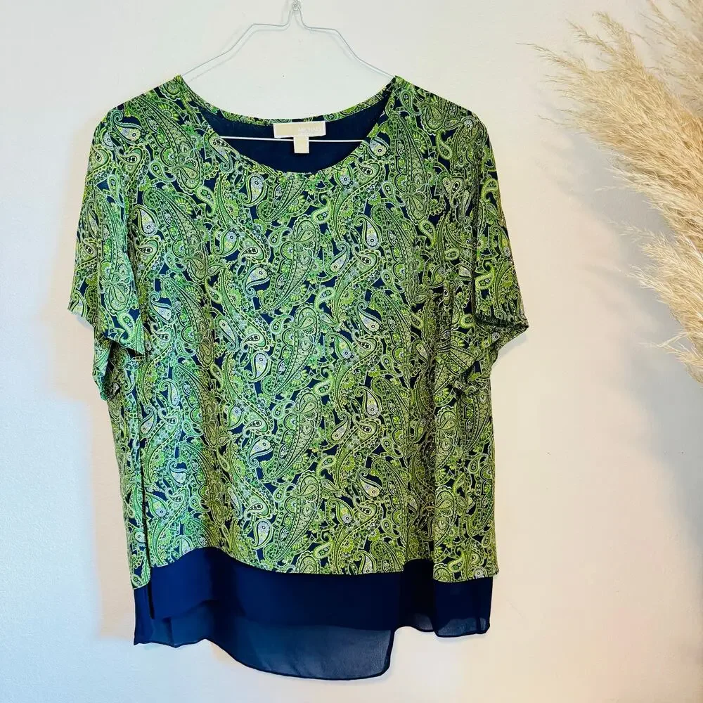 MICHAEL KORS Green White Navy Blue Paisley Print Tunic $120 Blouse Top Shirt 2X
